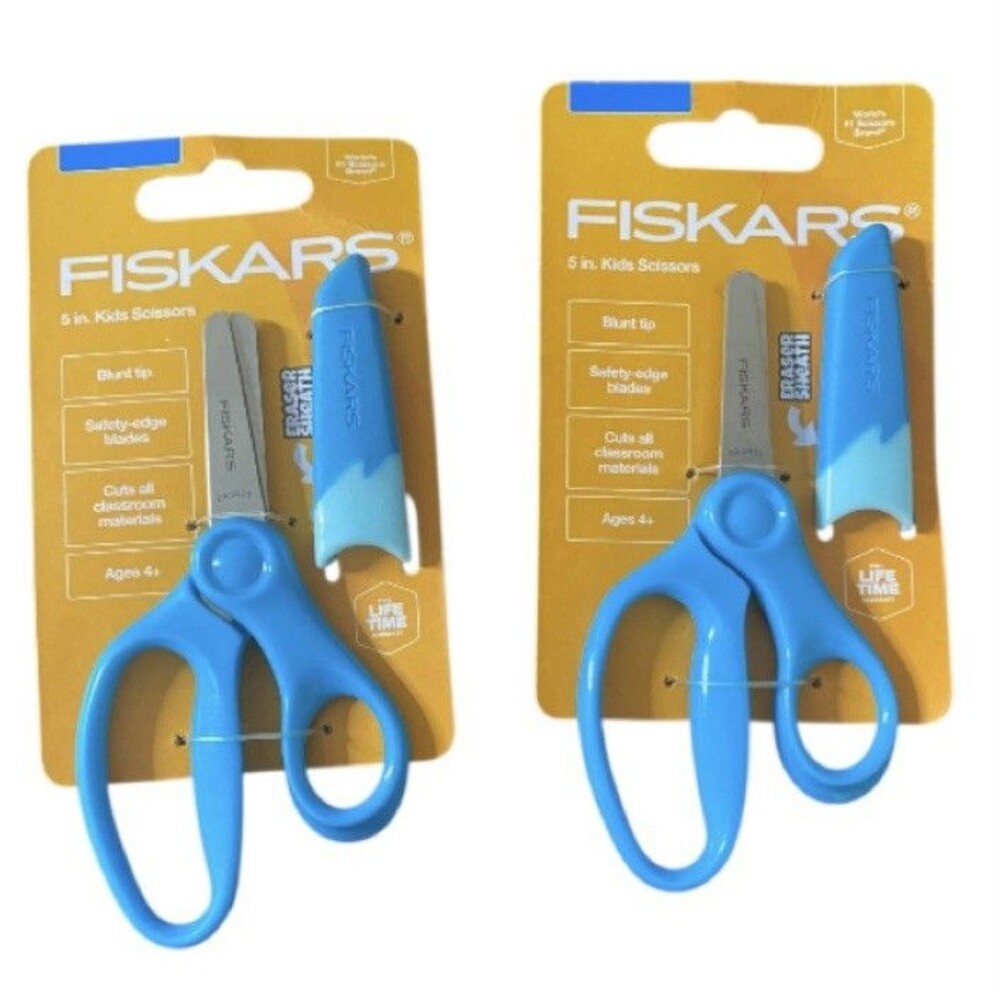 Fiskars Scissors 2 Pack 5in. Kids , Blunt Tip, Safety Edge Blades, Eraser Sheath